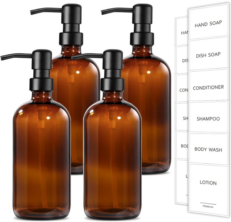 GMISUN Amber Glass Soap Dispenser 4 Pack Bathroom Hand Soap Dispensers with Stainless Steel Pump 17 Fl Oz Kitchen Hand and Dish Soap Dispenser Set Modern Vintage Liquid Brown Soap Dispensers Bottle - Image 2