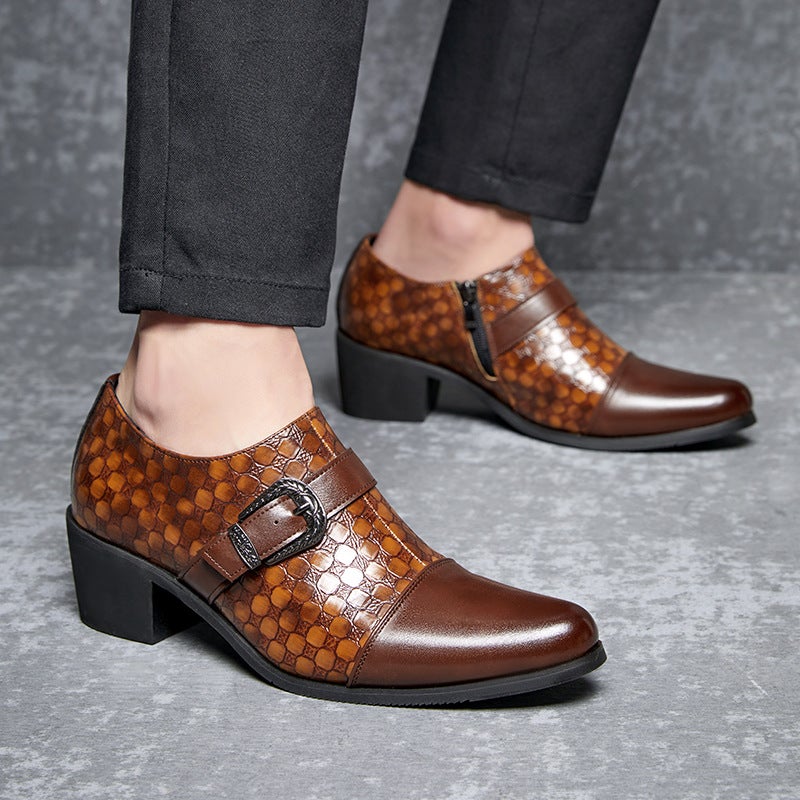 Large Size Men'S Checkered Buckle Pointed Leather Shoes, Formal Business Casual Shoes, Cuban Shoes, Retro Height-Increasing Men'S Shoes - Image 2
