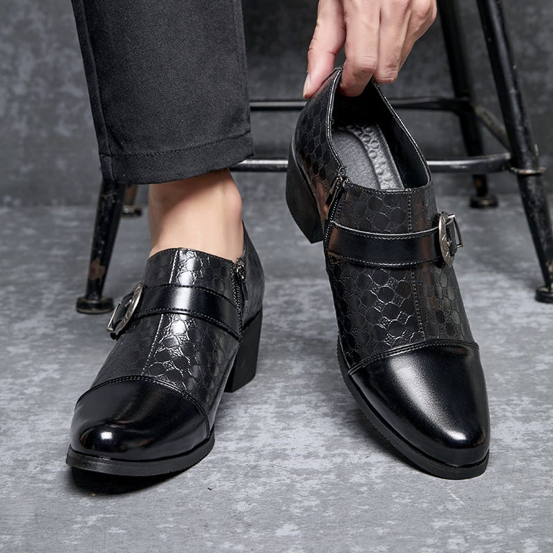 Large Size Men'S Checkered Buckle Pointed Leather Shoes, Formal Business Casual Shoes, Cuban Shoes, Retro Height-Increasing Men'S Shoes - Image 4