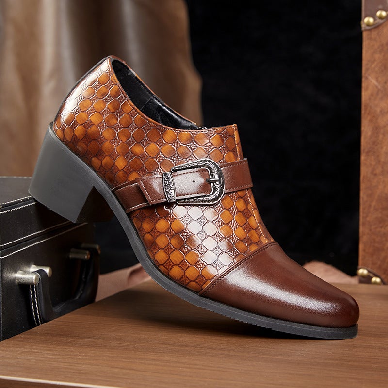 Large Size Men'S Checkered Buckle Pointed Leather Shoes, Formal Business Casual Shoes, Cuban Shoes, Retro Height-Increasing Men'S Shoes - Image 1