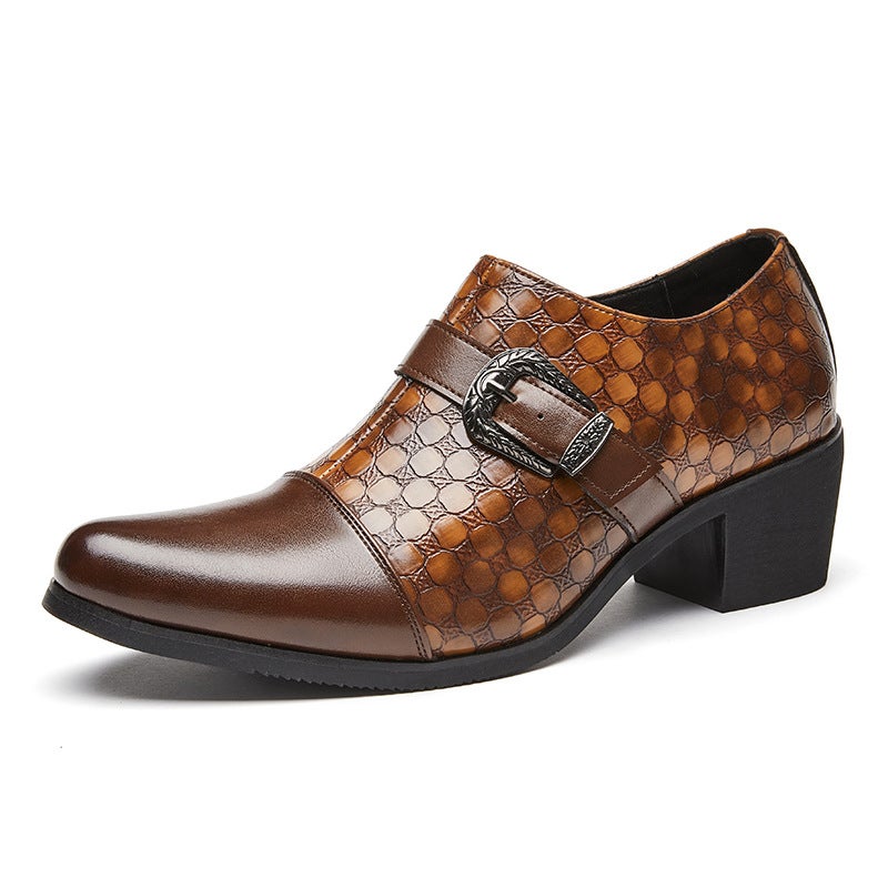 Large Size Men'S Checkered Buckle Pointed Leather Shoes, Formal Business Casual Shoes, Cuban Shoes, Retro Height-Increasing Men'S Shoes - Image 5