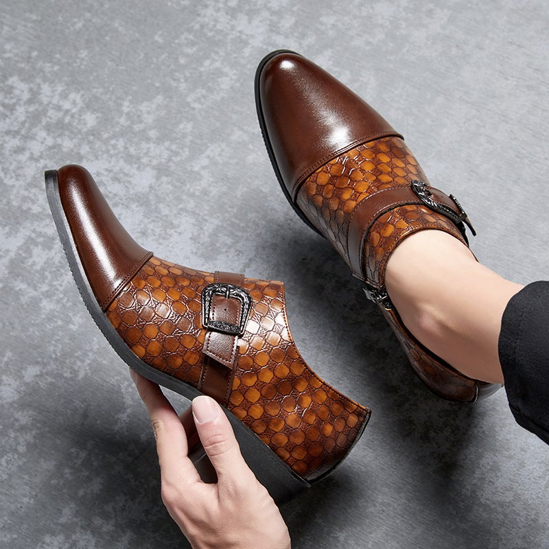 Large Size Men'S Checkered Buckle Pointed Leather Shoes, Formal Business Casual Shoes, Cuban Shoes, Retro Height-Increasing Men'S Shoes - Image 3