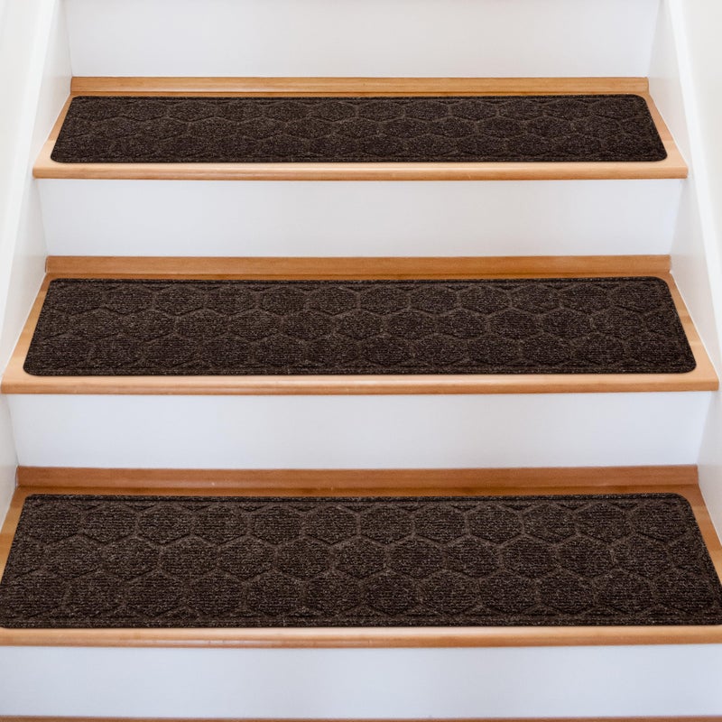 OXKVPVF 15 Pack 8 "X 30" Non-Slip Carpet Stair Treads for Indoor Wooden Steps, Made of Polyester and Reusable Adhesive, Suitable for Kids Elders and Petsï¼ˆBrown Hexagonï¼‰ - Image 1