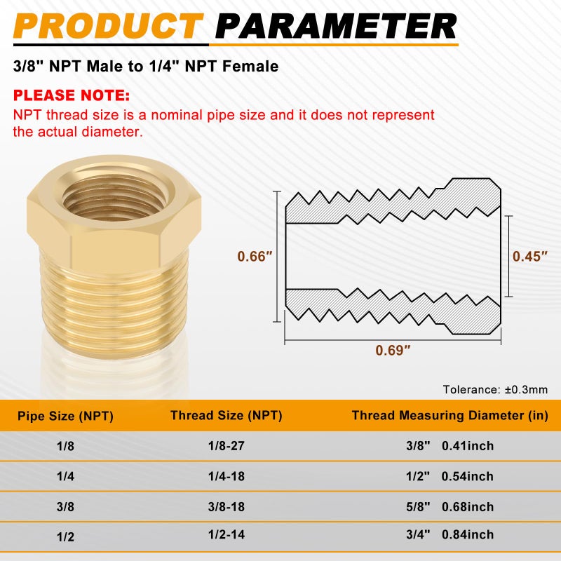 KOOTANS 4pcs Heavy Duty 3/8 NPT Male Thread to 1/4 NPT Female Thread Brass Reducer Hex Bushing Brass Fitting Pipe Hose Tube Adapter Convert - Image 2