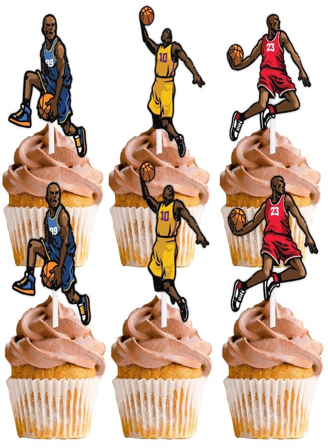 LETLIMIT 18pcs Glitter Cartoon Characters Play Basketball Dessert Cupcake Topper Basketball Player Scene Theme Decor Supplies Men Boys Happy Birthday Sports Stars Party Decorations - Image 1