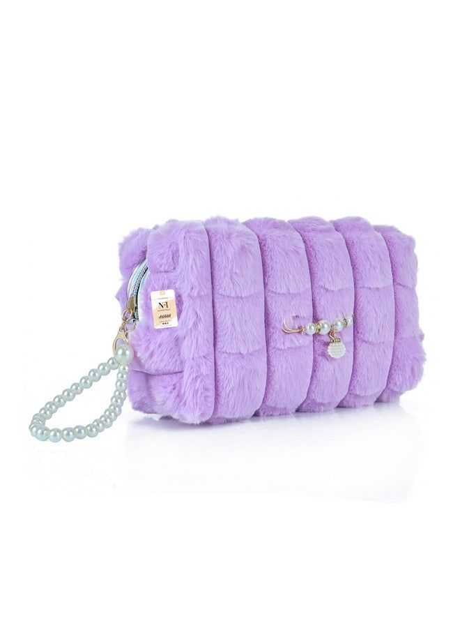 NFI essentials Fur Makeup Cosmetic Pouch Vanity Case Jewellery Pouch for Womens Stationery Pencil Case Travel Organiser Zipper Pouch Bag with Detachable Handle - Image 1