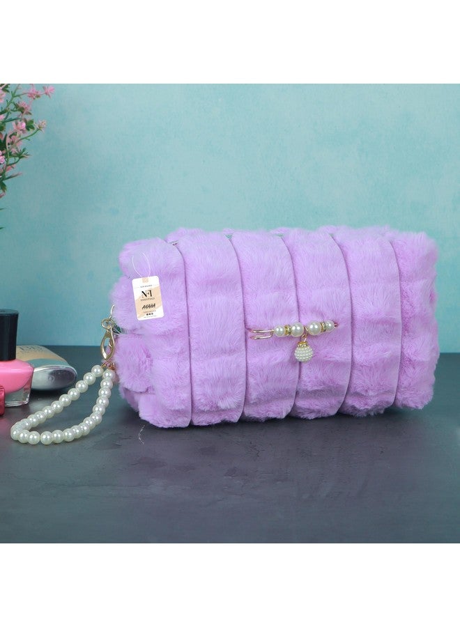 NFI essentials Fur Makeup Cosmetic Pouch Vanity Case Jewellery Pouch for Womens Stationery Pencil Case Travel Organiser Zipper Pouch Bag with Detachable Handle - Image 3