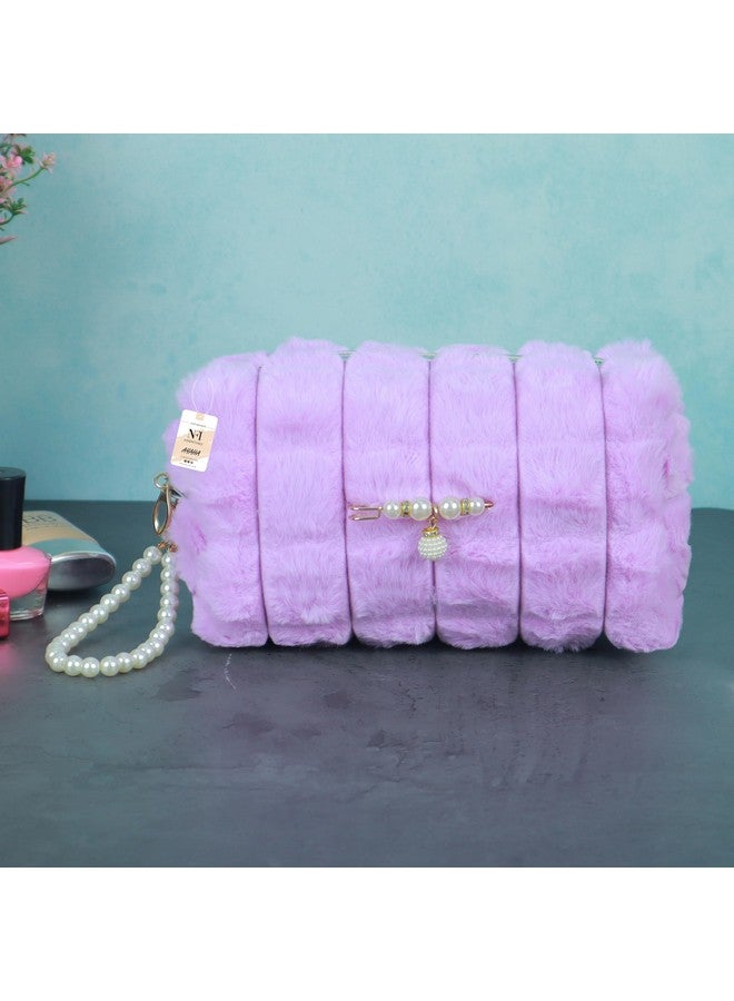 NFI essentials Fur Makeup Cosmetic Pouch Vanity Case Jewellery Pouch for Womens Stationery Pencil Case Travel Organiser Zipper Pouch Bag with Detachable Handle - Image 5