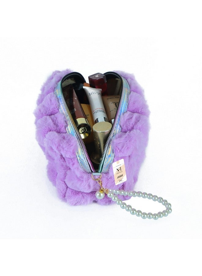 NFI essentials Fur Makeup Cosmetic Pouch Vanity Case Jewellery Pouch for Womens Stationery Pencil Case Travel Organiser Zipper Pouch Bag with Detachable Handle - Image 2