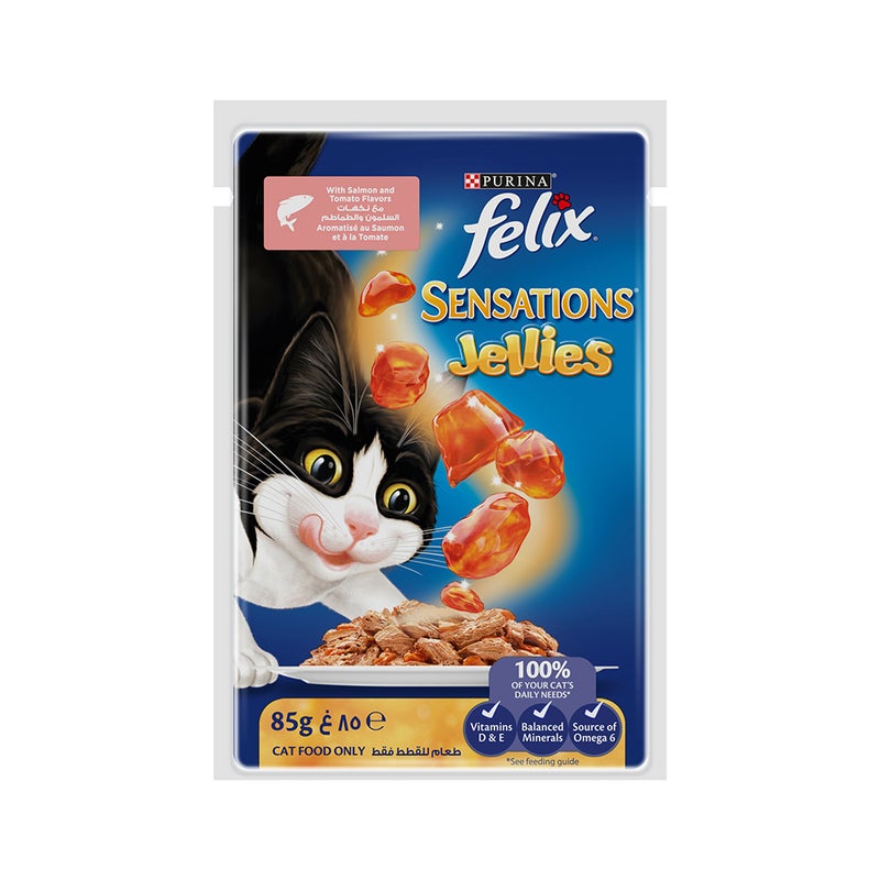 فيلكس طعام رطب "سينسيشنز جيليز" بالسلمون والطماطم في جيلي للقطط من فليكس - 85 جرام