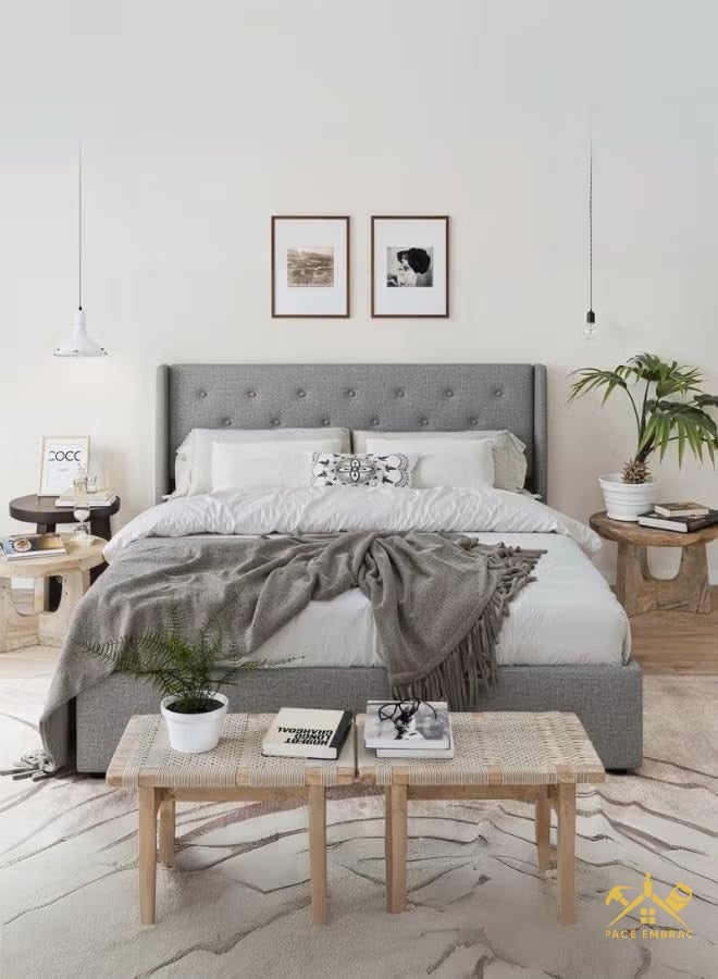Upholstered Platform Bed Frame with Storage, Wingback Design