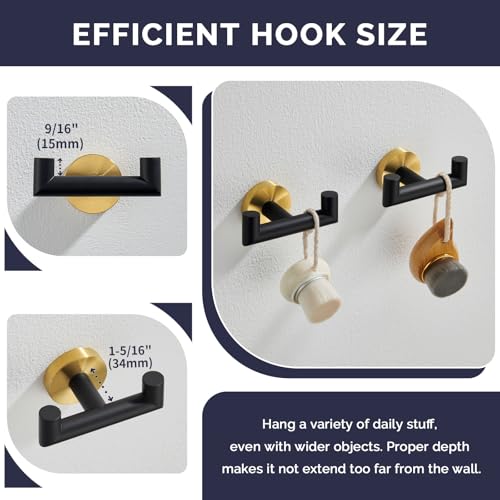 Angle Simple Towel Double Hook Black & Gold, 2 PCS Stainless Steel Bathroom Towel Holder, Dual Robe Coat Hook for Wall - Image 3