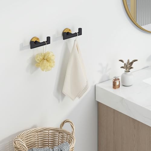 Angle Simple Towel Double Hook Black & Gold, 2 PCS Stainless Steel Bathroom Towel Holder, Dual Robe Coat Hook for Wall - Image 2