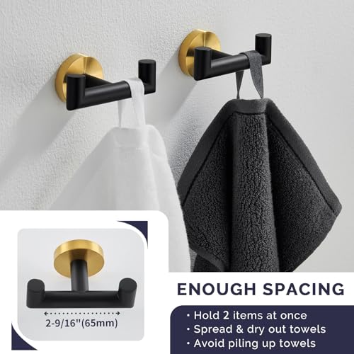 Angle Simple Towel Double Hook Black & Gold, 2 PCS Stainless Steel Bathroom Towel Holder, Dual Robe Coat Hook for Wall - Image 5