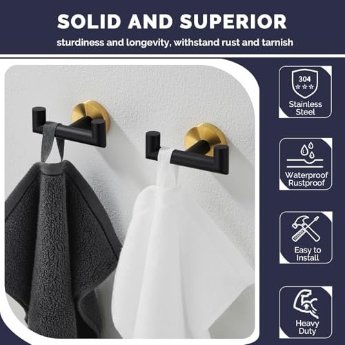 Angle Simple Towel Double Hook Black & Gold, 2 PCS Stainless Steel Bathroom Towel Holder, Dual Robe Coat Hook for Wall - Image 4