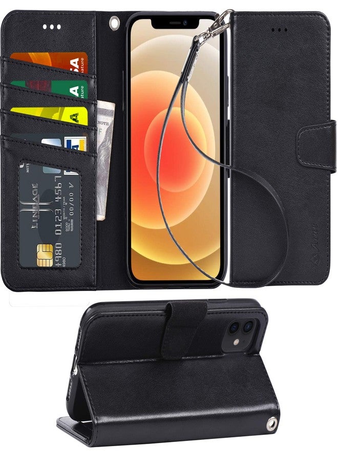 Arae Case for iPhone 12 / iPhone 12 Pro 6.1 inch Wallet Case Flip Cover with Card Holder and Wrist Strap for iPhone 12 / iPhone 12 Pro 6.1 inch - Black - Image 1