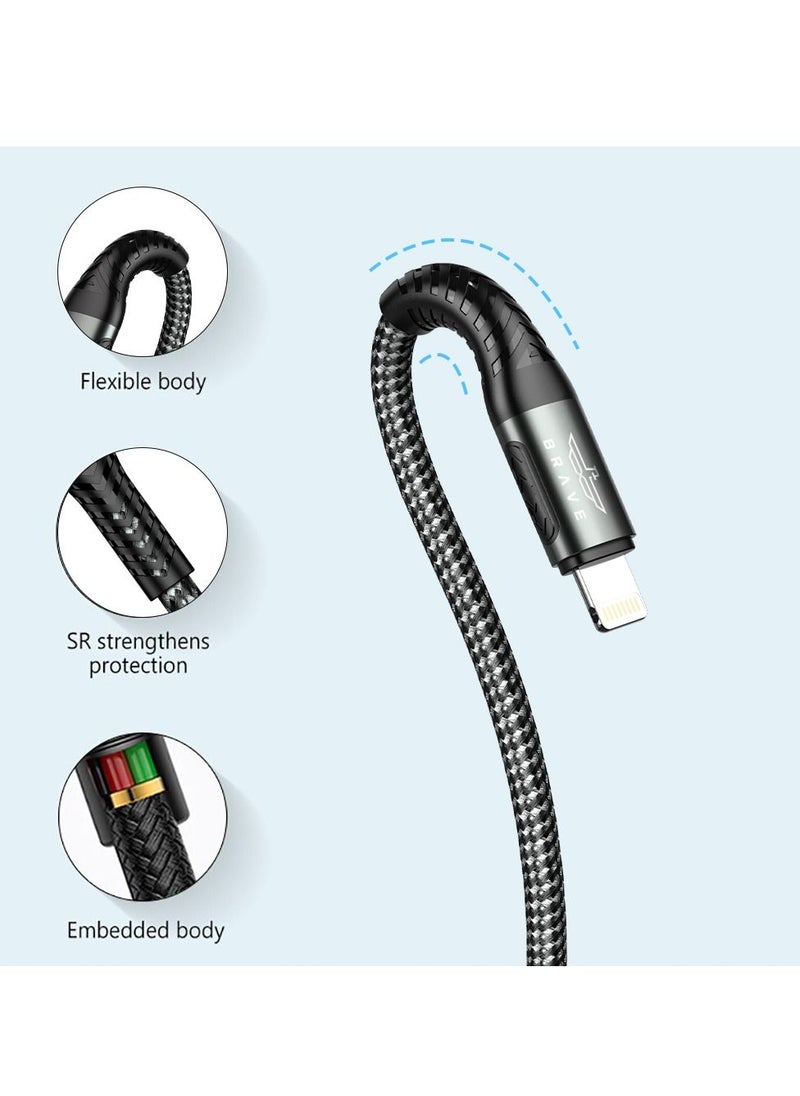 Brave BRAVE 30w 2 in 1 pack USB to Lightning Nylon Braided Data Cable 3.1A Fast Charging for iPhone 14 Pro Max, iPhone 13 12 11 Pro Max Mini XS Plus 1m & 2m (Black)  - Image 5