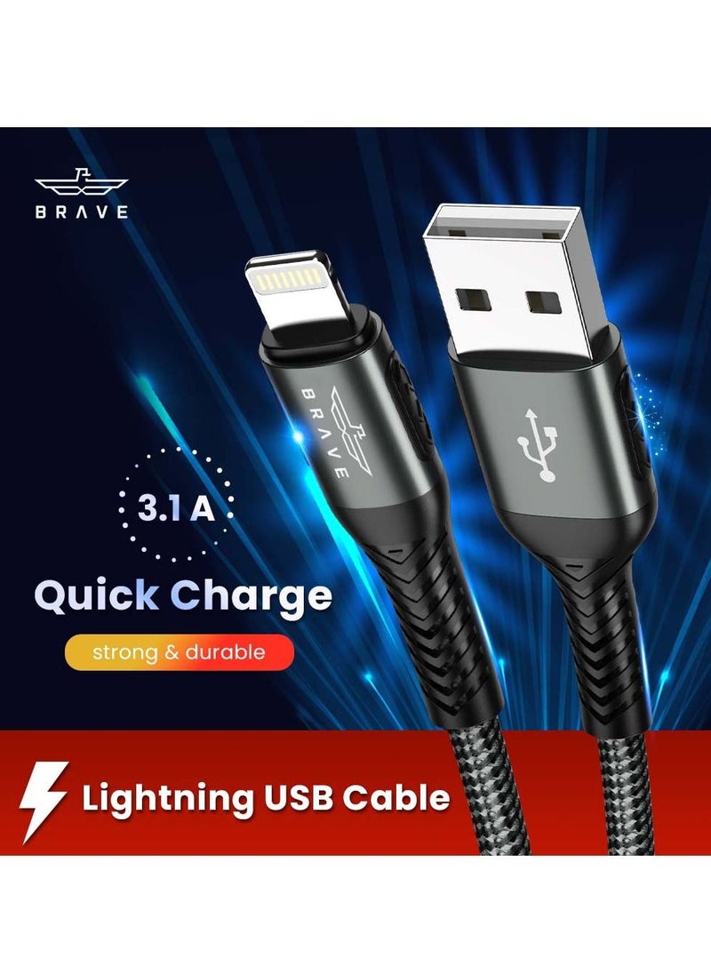 Brave BRAVE 30w 2 in 1 pack USB to Lightning Nylon Braided Data Cable 3.1A Fast Charging for iPhone 14 Pro Max, iPhone 13 12 11 Pro Max Mini XS Plus 1m & 2m (Black)  - Image 2
