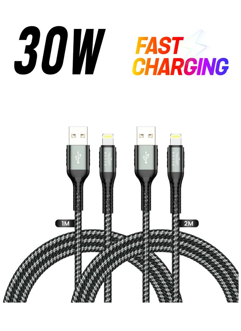 Brave BRAVE 30w 2 in 1 pack USB to Lightning Nylon Braided Data Cable 3.1A Fast Charging for iPhone 14 Pro Max, iPhone 13 12 11 Pro Max Mini XS Plus 1m & 2m (Black)  - Image 1