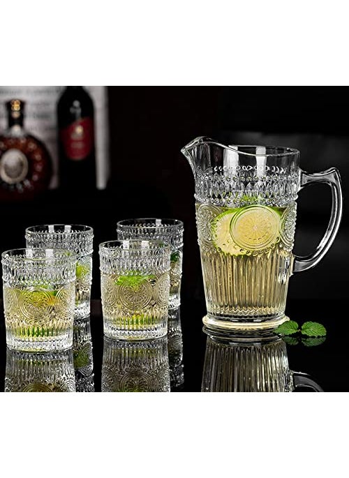 VILON Vilon Italian Premium Set of 6 Romantic Water Glasses with 1200 ml Carafe Pitcher 1 360 ml Drinking Glasses Tumblers Vintage Glassware Set for Whisky Juice Transparent 1 jug 6 Glass  - Image 2