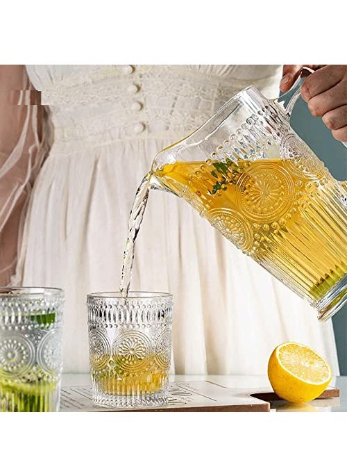 VILON Vilon Italian Premium Set of 6 Romantic Water Glasses with 1200 ml Carafe Pitcher 1 360 ml Drinking Glasses Tumblers Vintage Glassware Set for Whisky Juice Transparent 1 jug 6 Glass  - Image 5