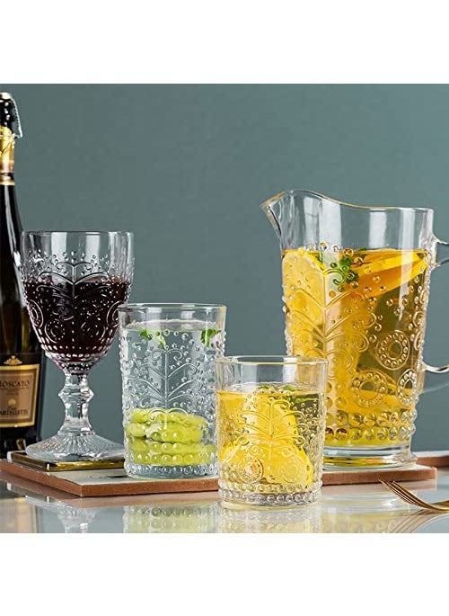 VILON Vilon Italian Premium Set of 6 Romantic Water Glasses with 1200 ml Carafe Pitcher 1 360 ml Drinking Glasses Tumblers Vintage Glassware Set for Whisky Juice Transparent 1 jug 6 Glass  - Image 4