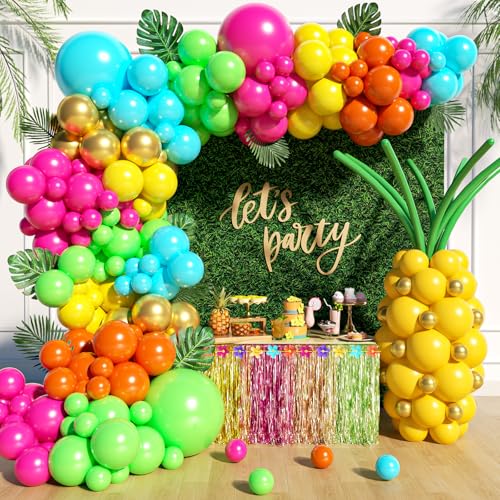 Leraqertra 148pcs Tropical Balloon Arch Kit with Hot Pink Lime Green Teal Yellow Orange Metallic Gold Green Long Balloons fo Luau Tropical Hawaiian Pool Birthday Party Decorations - Image 1
