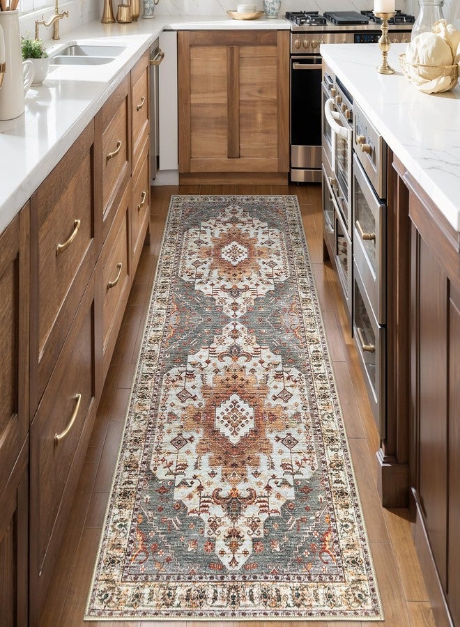 Tangsoo 2x6 Washable Runner Rug for Hallways, Non Slip Vintage Runner Rug, Soft Low Pile Long Rug Runner, Print Distressed Turmeric Carpet Runners for Kitchen Bedroom Entryway Bathroom Living Room - Image 1