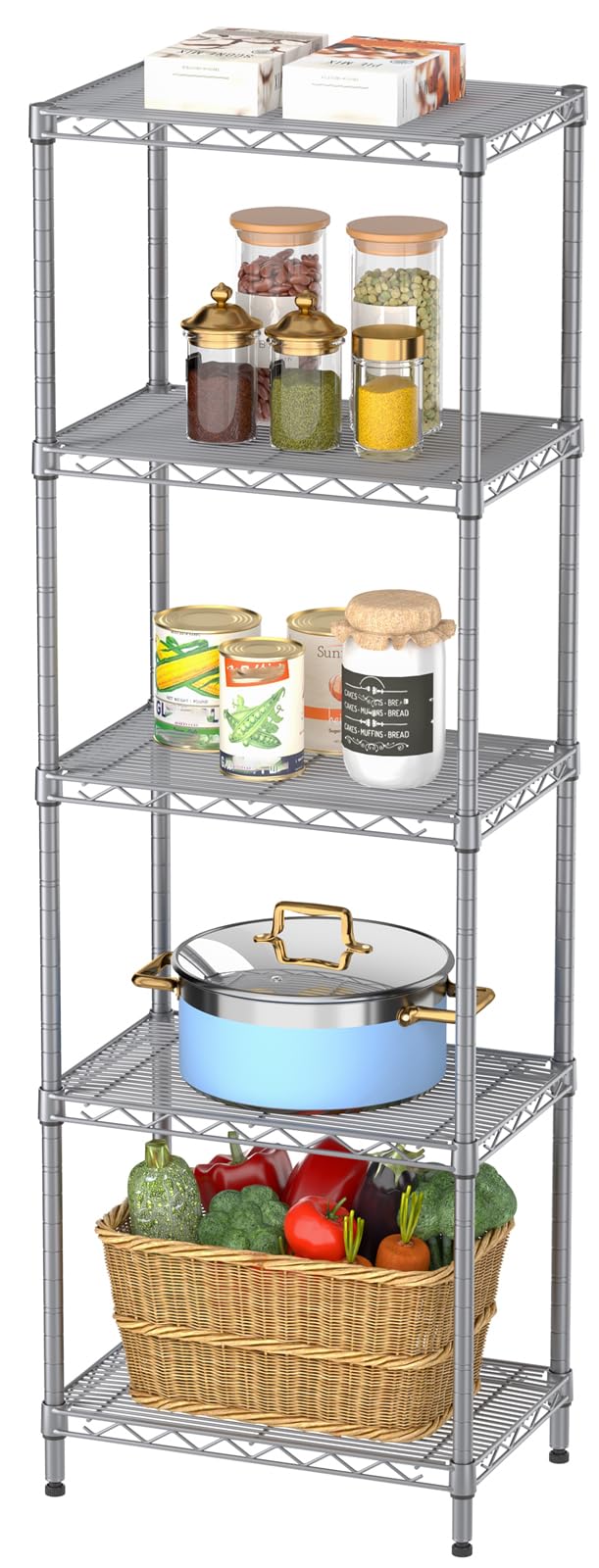 SINGAYE 5 Tier Shelf Wire Shelving Adjustable Storage Shelves Rack Standing Units for Kitchen Closet Laundry Bathroom Organizers Metal Pantry Narrow Mesh Gaps 10" D x 16" W x 55" H Gray - Image 1