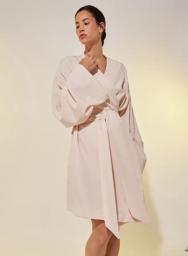 Styli Styli White Solid Long Sleeve Robe with Tie Detail