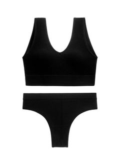 Loquat Women's Solid Color Fitness Set 2-piece Seamless Wireless Bra+Low Waisted Thong Shorts Yoga Suit Black 