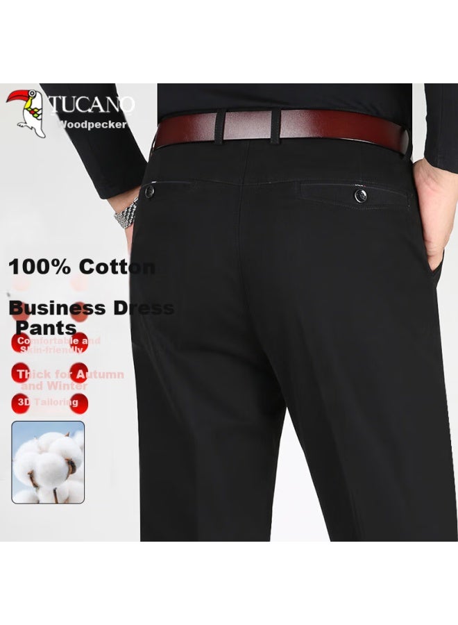 Tucano Casual Pants For Men, Autumn And Winter Pure Cotton Thick Comfortable Dress Pants, Business Versatile Slim Straight-leg Trousers, Men's Clothing, Black, Size 34 - Image 1
