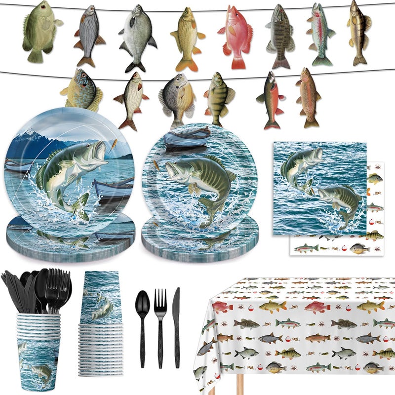 LINHAXM 170PCS Gone Fishing Party Decorations Fishing Birthday Party Decorations Include Plates, Cups, Cutlery, Banner, Tablecloth for Ofishally One Birthday Decorations, Serve 24 - Image 1