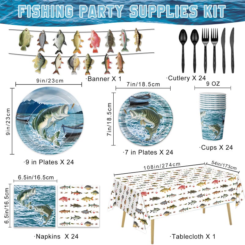 LINHAXM 170PCS Gone Fishing Party Decorations Fishing Birthday Party Decorations Include Plates, Cups, Cutlery, Banner, Tablecloth for Ofishally One Birthday Decorations, Serve 24 - Image 2