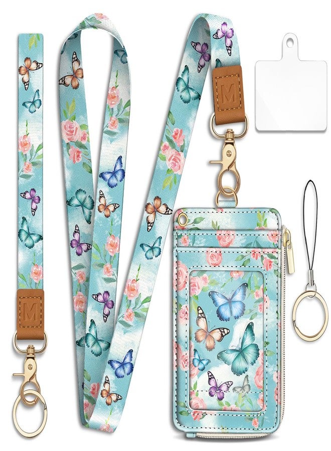 Mavellin Lanyard Wallet with Id Badge Holder, Butterfly RFID Small Keychain Wallet Women Wristlet, Cute Zipper Credit Card Holder Phone Wrist Neck Strap for Key Name Tag, Teacher Student Office Gifts - Image 1