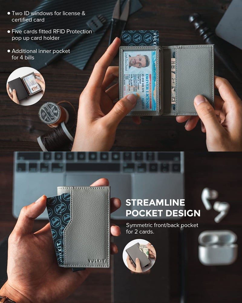 VULKIT محفظة حامل بطاقات VULKIT مع نوافذ مزدوجة للهوية، محفظة قابلة للفتح بتصميم بسيط لـ 12 بطاقة، رمادي حديدي - Image 3