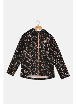 Kids Girl Hooded All Over Print Jacket, Black Combo