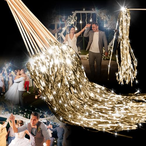Simgoing 100 Pcs Lighted Wedding Wands LED Tinsel Wands Light up Streamers Sparklers for Wedding Send Off and Exits Birthday Party Props FavorsChampagne - Image 1
