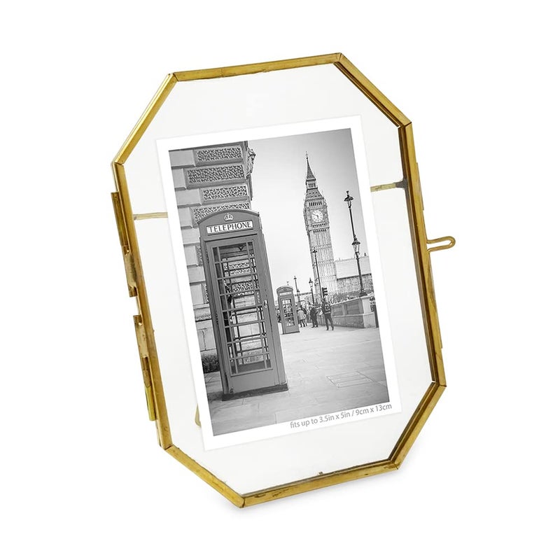 Isaac Jacobs 35x5 Vintage Style Octagon Brass  Glass Metal Floating Picture Frame with Locket Closure Vertical Tabletop Display Fits up to a cutout 35 x 5  See image