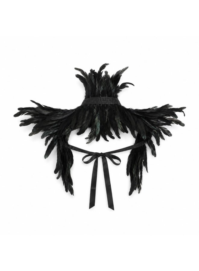 Black Cape - Halloween Hooded Cloak Cape - Black feather vest - Cosplay Costume, Medieval Cape, Adult Magic Robe, Party Fancy Dress, Performance Prop - Image 1