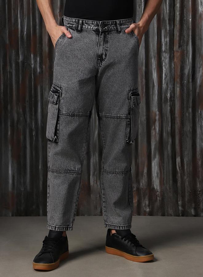 HIGH STAR Men's Grey 100% Cotton Washed Regular Length Cargo Straight Fit Jeans - Image 5