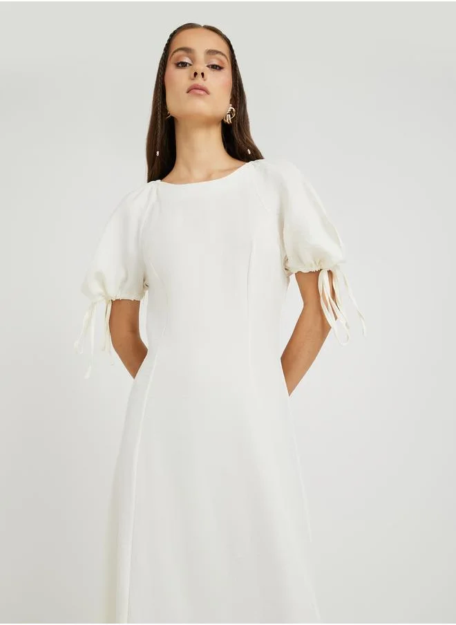 تايك تو Take Two Solid Puff Sleeves Round Neck A-Line Maxi Dress