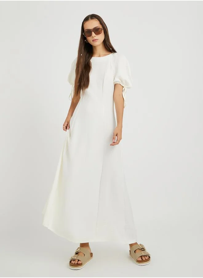 تايك تو Take Two Solid Puff Sleeves Round Neck A-Line Maxi Dress