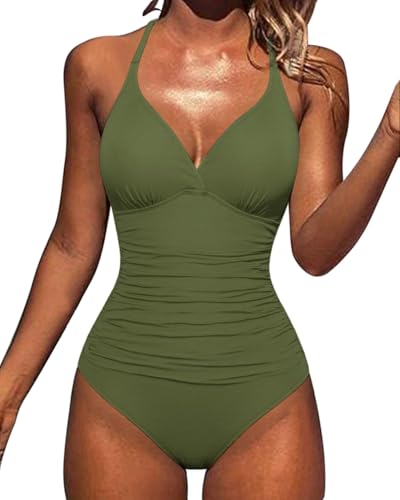 Hilor Women's Molded Cup One Piece Swimsuit Sexy Slimming Monokini Swimwear Tummy Control Bathing Suit Olive Me 10 - Image 2