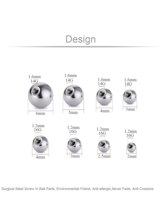 COTTVOTT Threaded 316L Steel Replacement Balls Piercing Parts for Body Jewelry Labret Belly Rings Tongue Barbell 14G 16G Pack of 8 (8pcs Mix per size) - Image 2