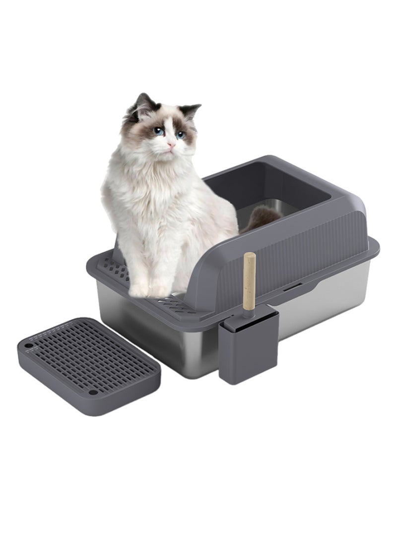 Kidle Stainless Steel Pet Cat Litter Box Closed Large Capacity Metal Cat Toilet Tray Garbage Room With Footboard And Shovel 60*40*30cm  - Image 1