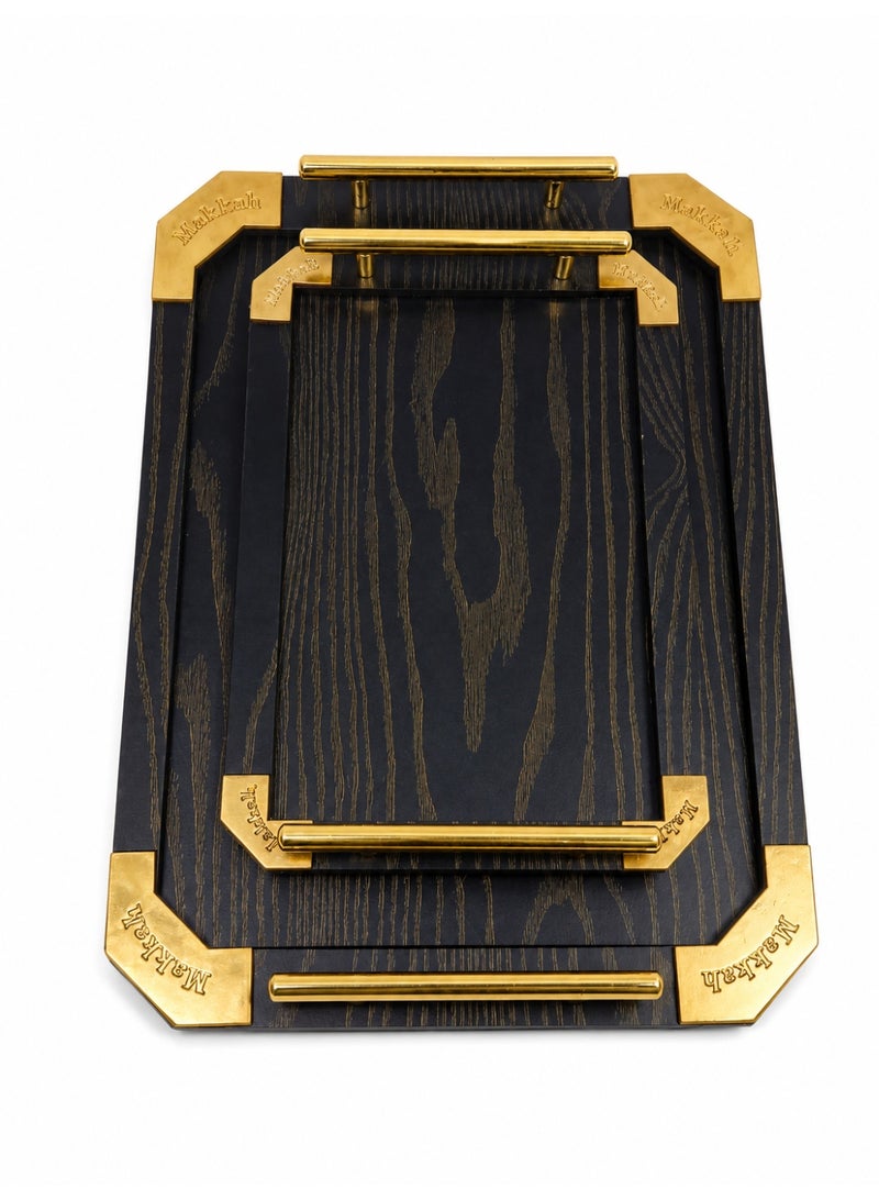 2-Piece Rectangular Wooden Serving Tray Set with Gold Metal Handles & Corners (Large & Small) - Black & Gold - Image 5