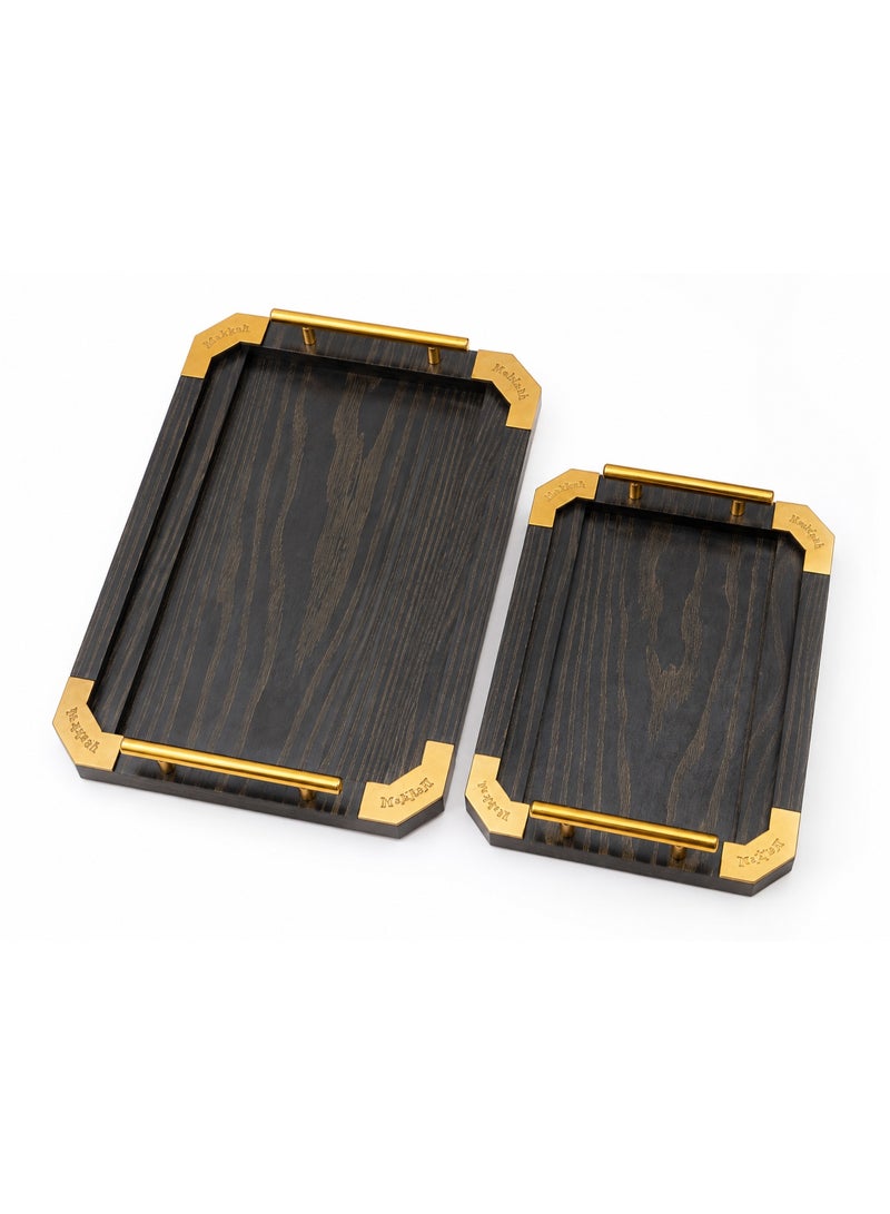 2-Piece Rectangular Wooden Serving Tray Set with Gold Metal Handles & Corners (Large & Small) - Black & Gold - Image 1