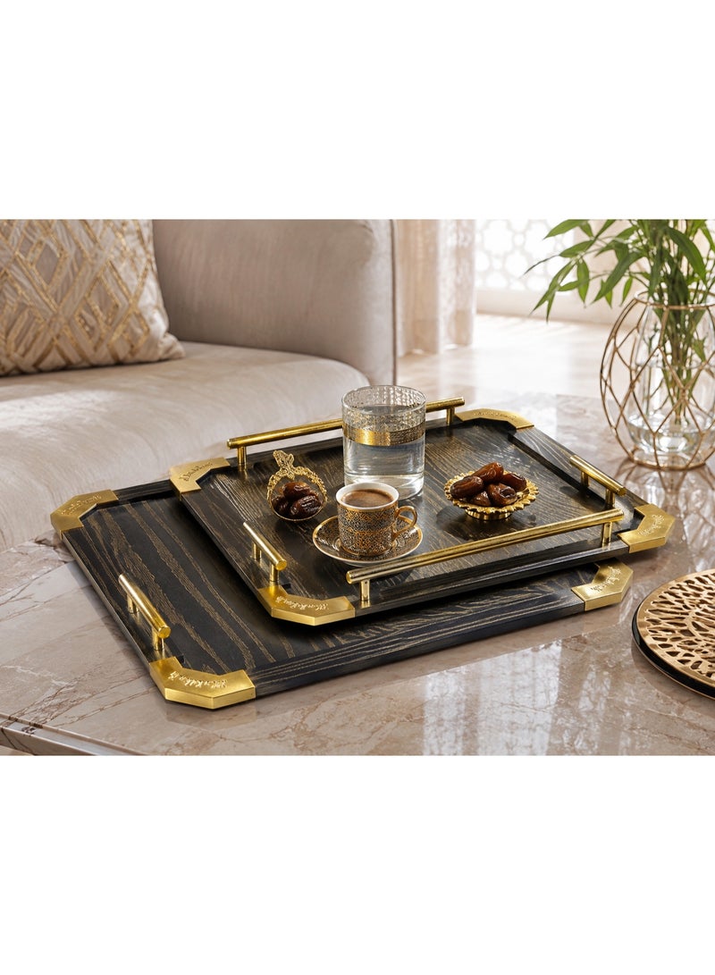 2-Piece Rectangular Wooden Serving Tray Set with Gold Metal Handles & Corners (Large & Small) - Black & Gold - Image 4