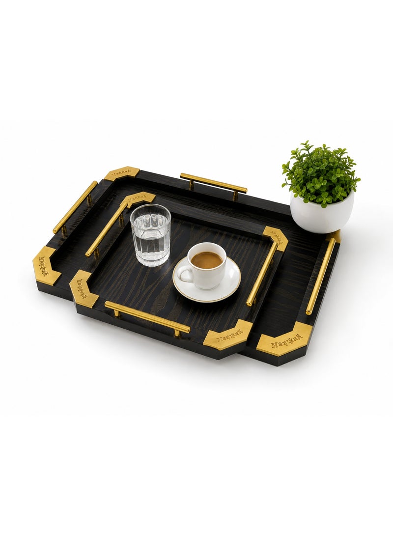 2-Piece Rectangular Wooden Serving Tray Set with Gold Metal Handles & Corners (Large & Small) - Black & Gold - Image 2